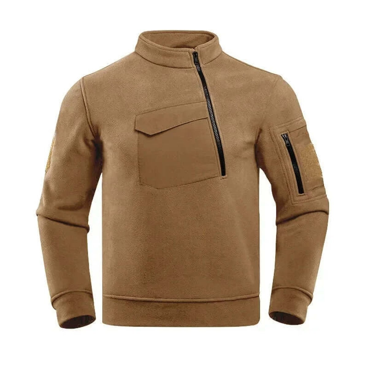 Khaki tactical quarter-zip fleece jacket with stand-up collar