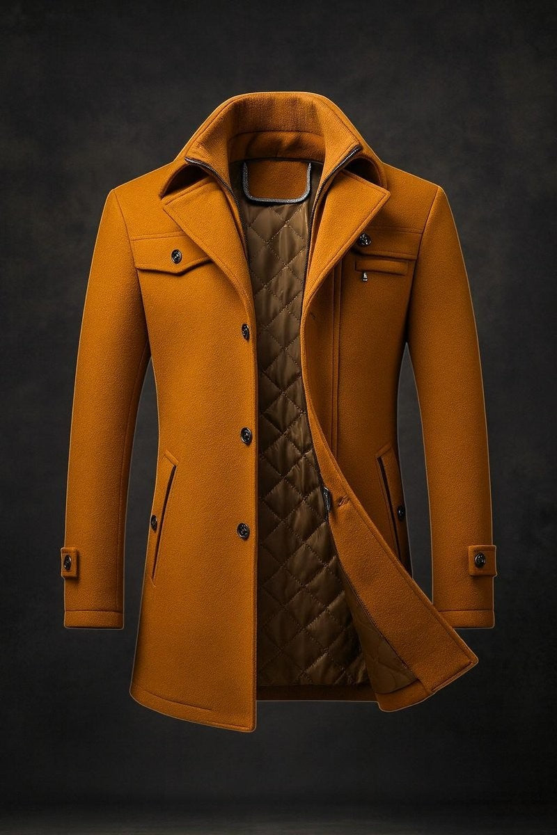 Mustard wool overcoat with quilted lining and double collar detail