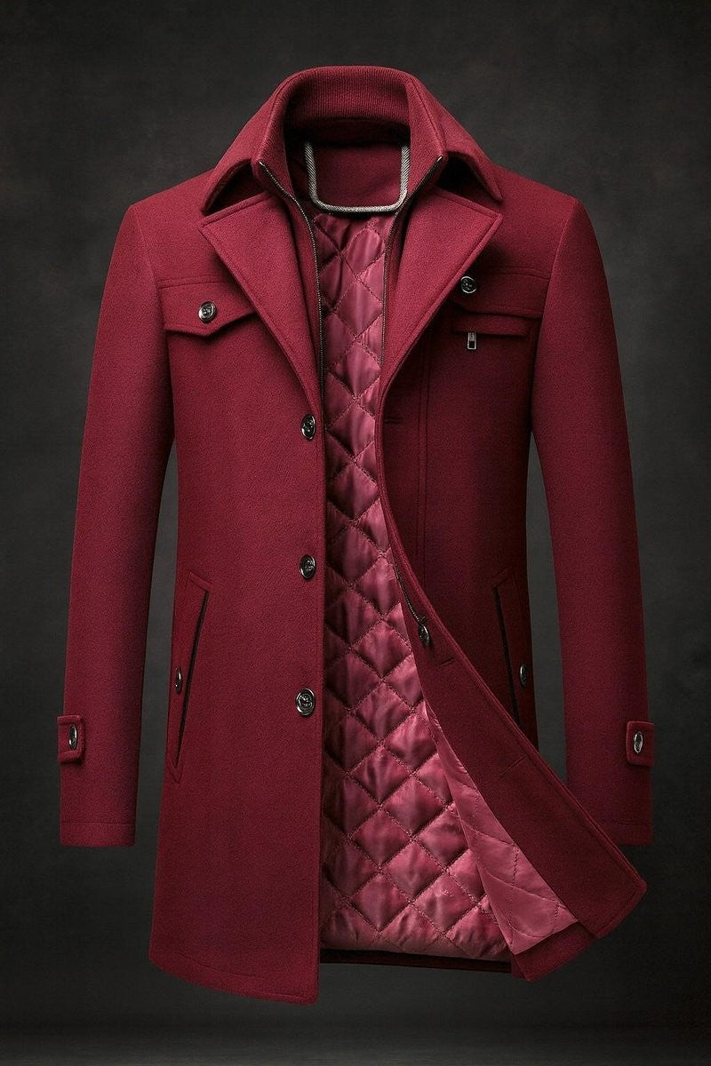 Burgundy wool overcoat featuring quilted lining and tailored double collar