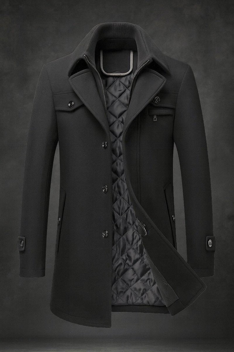 Black wool overcoat showing quilted lining and tailored double collar