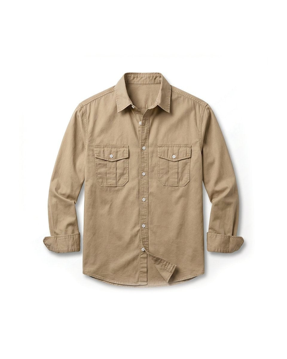 Beige cotton long-sleeve shirt with twin chest pockets, laid flat