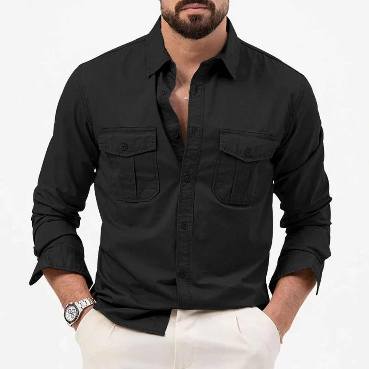 Man wearing pale green dual-pocket cotton shirt with open collar