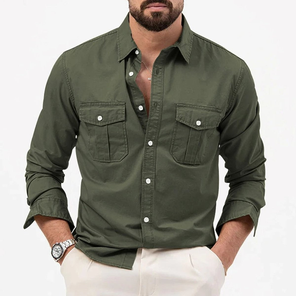 Khaki cotton shirt back detail with rolled cuffs and yoke seam