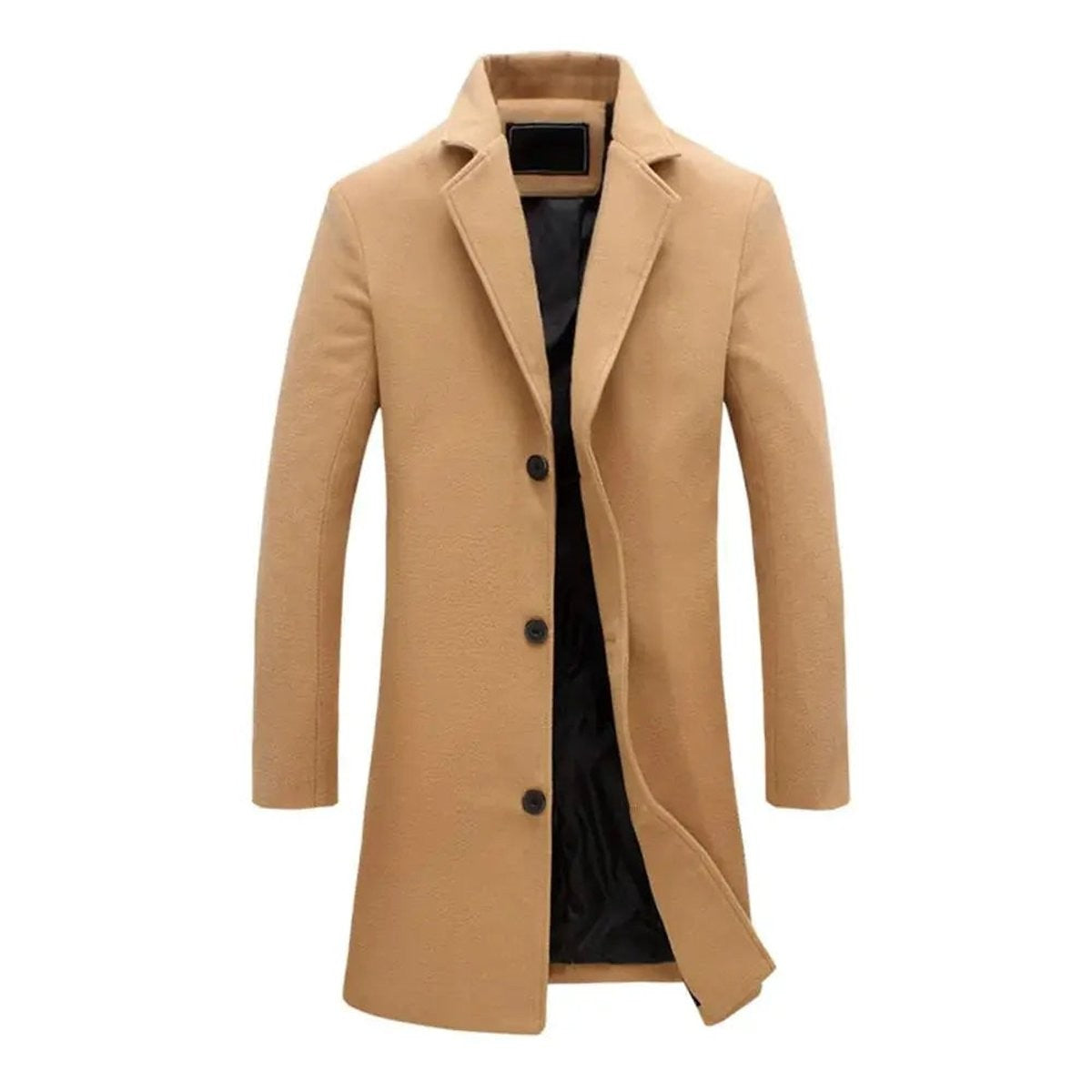Camel long overcoat with notch lapel and button fastening, flat lay