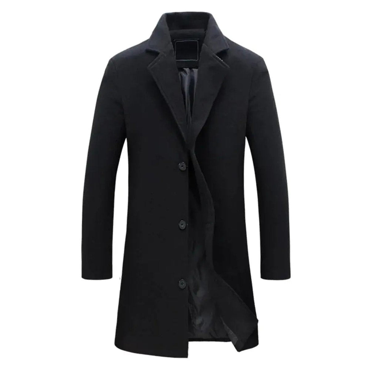 Black tailored overcoat with notch lapel and hidden button placket