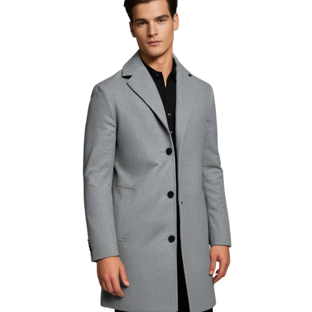 Grey wool-blend overcoat worn over black shirt for smart casual look