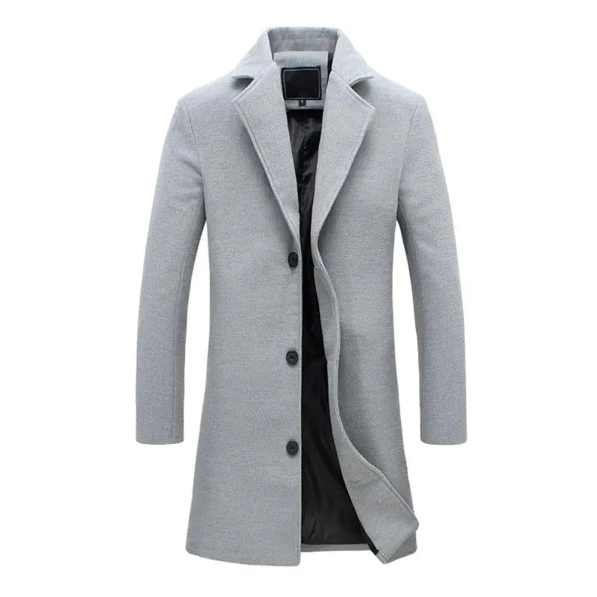 Light grey long overcoat with notch lapel, shown against white background