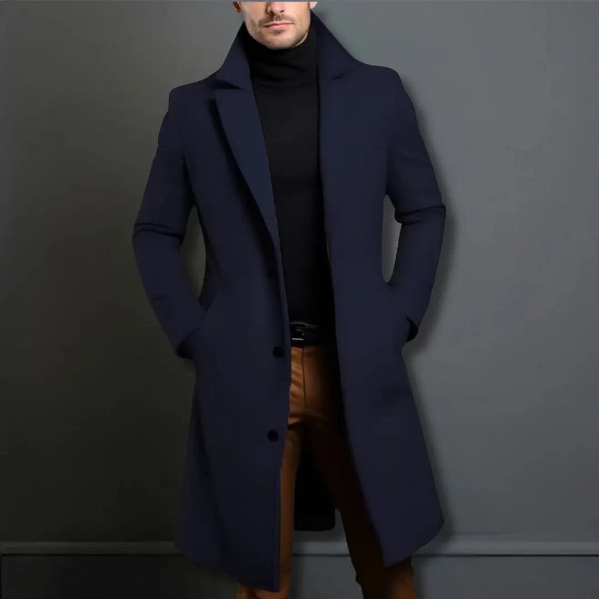 Navy wool-blend overcoat paired with black turtleneck and brown trousers