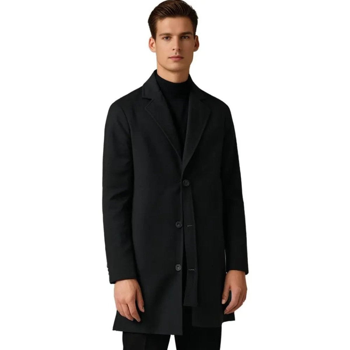 Black tailored overcoat with notch lapel, layered over turtleneck jumper