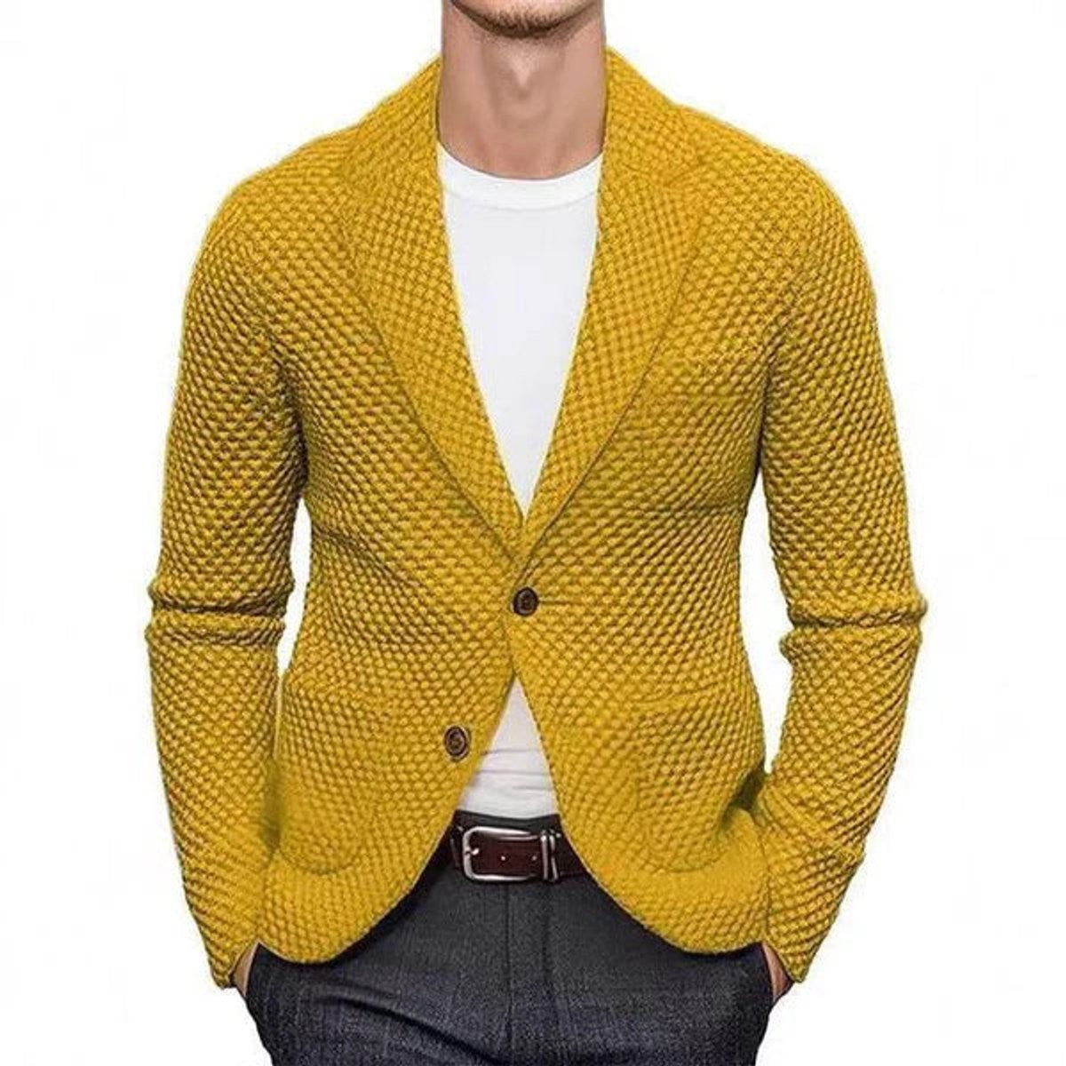 Mustard yellow knitted blazer jacket with button fastening and slim-fit tailoring