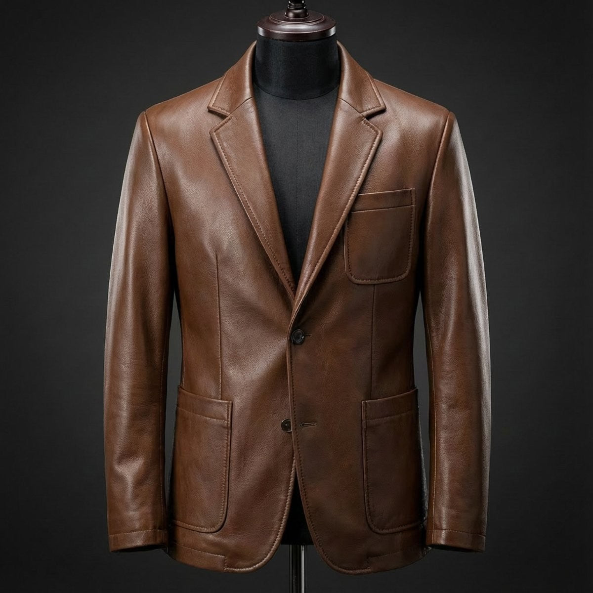 Tan brown leather blazer with notch lapel displayed on tailor's mannequin