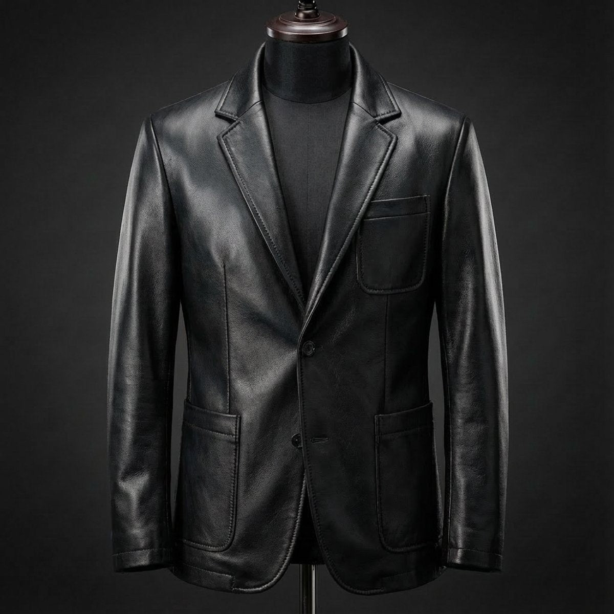 Black leather tailored blazer featuring notch lapel and patch pockets