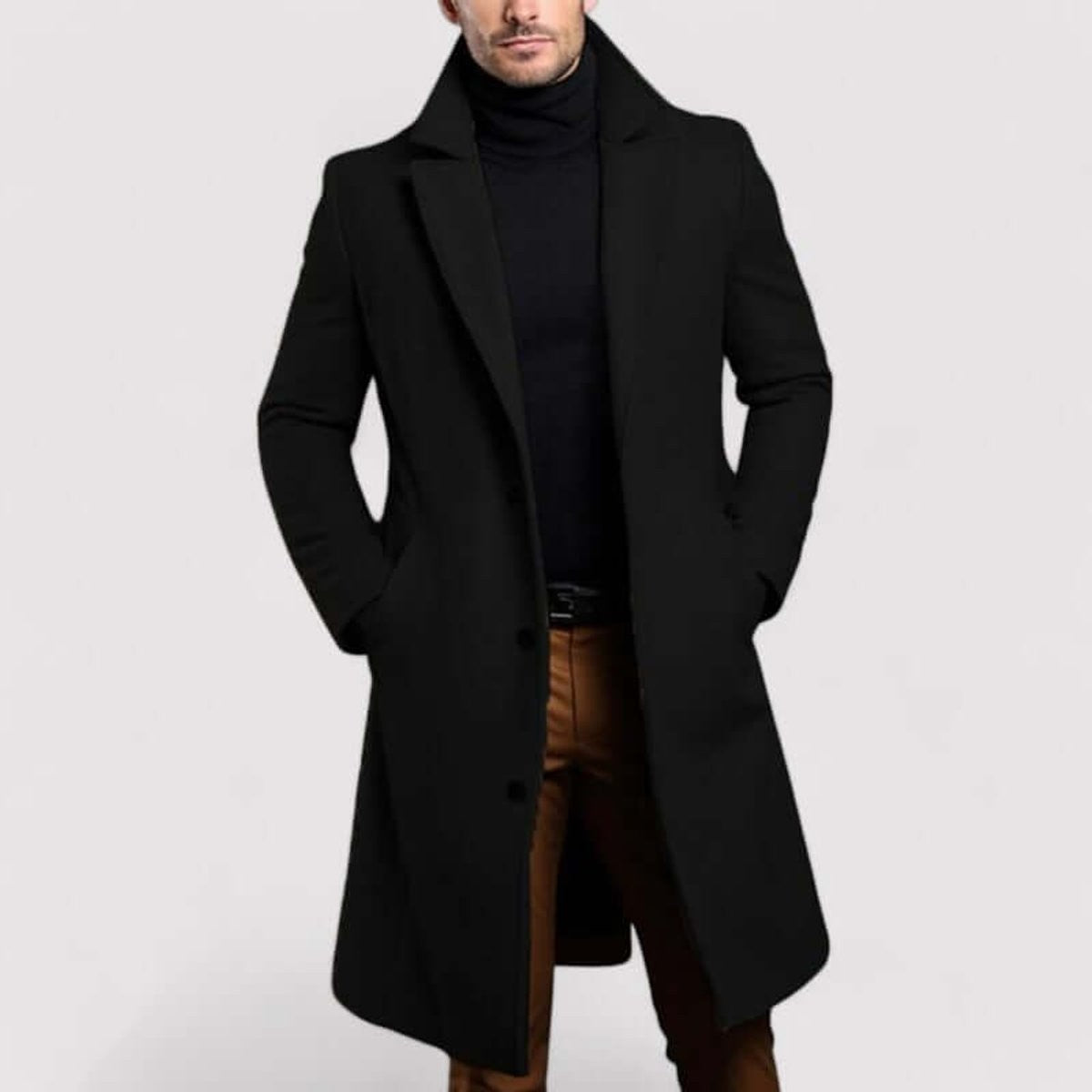 Black long wool-look overcoat with notched lapel, worn tailored fit