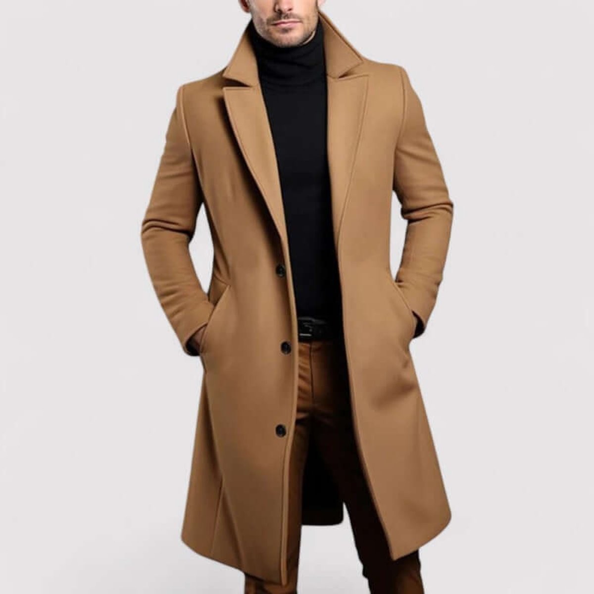 Camel wool-look overcoat featuring button-front fastening and notched lapel