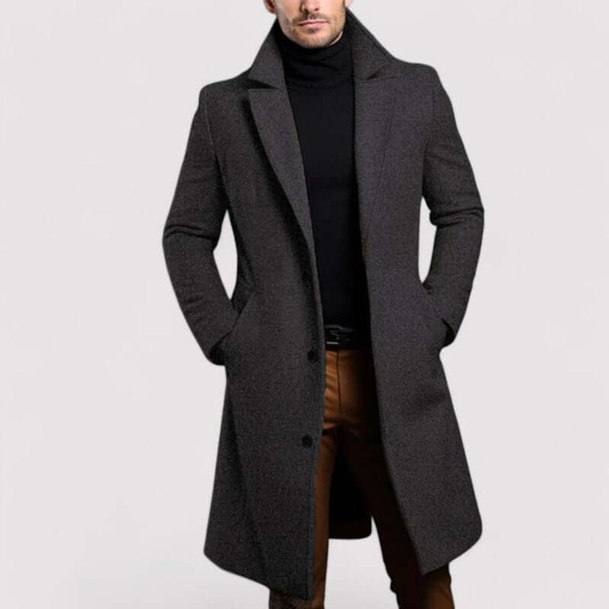 Charcoal grey tailored overcoat with textured wool-look finish and long sleeves