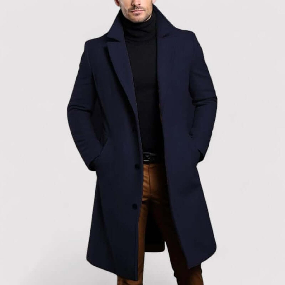 Navy long wool-look overcoat with tailored fit and notched collar