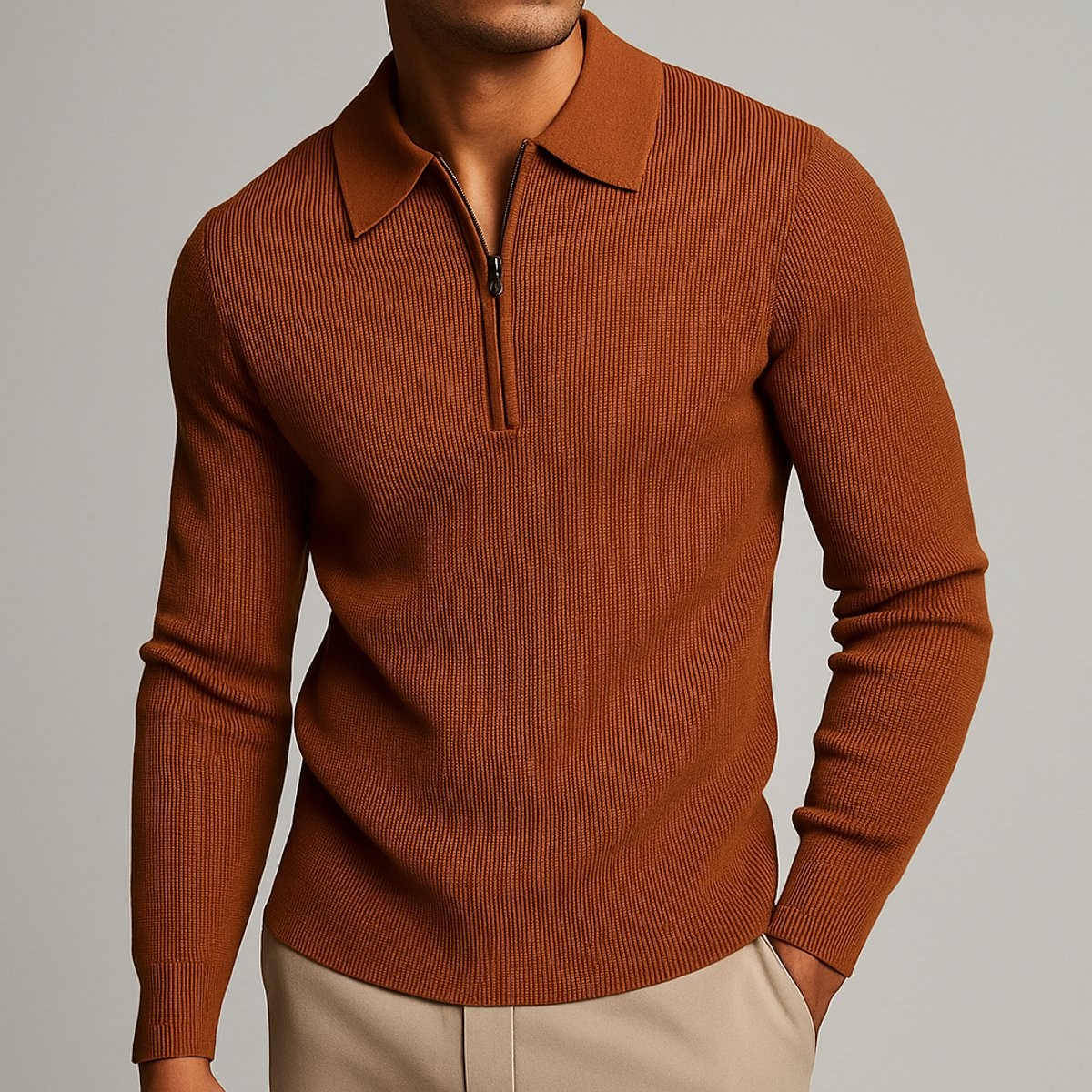 Man wearing rust-brown quarter-zip knitted polo jumper with ribbed collar