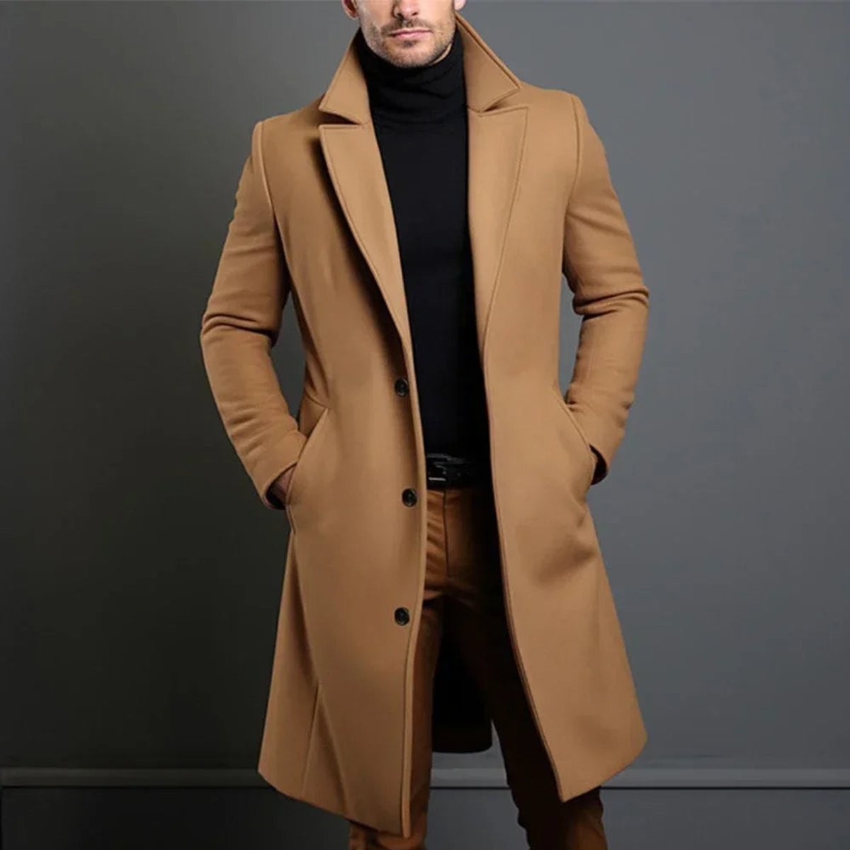 Camel longline overcoat with tailored notch lapel and button front on model