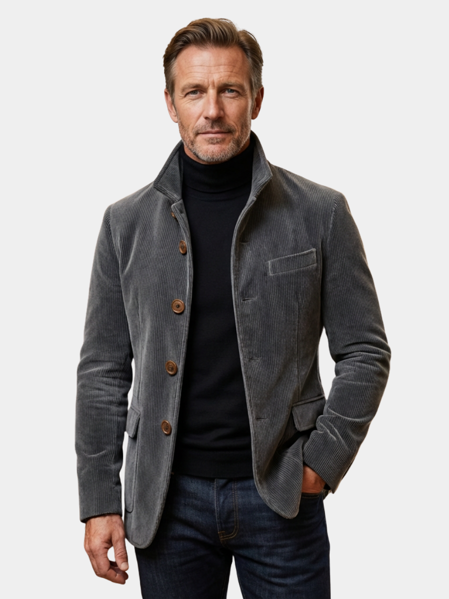 Grey corduroy jacket with funnel collar worn over black roll neck jumper