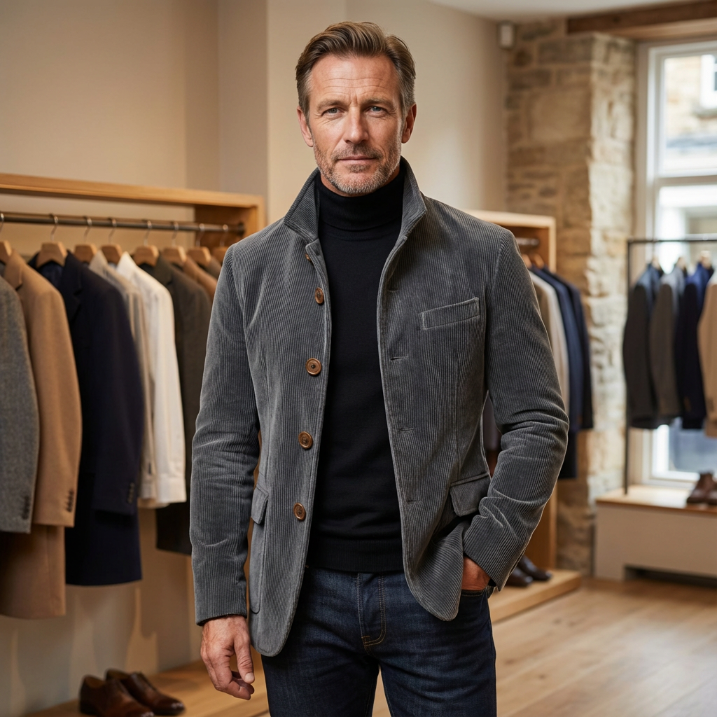 Man wearing grey corduroy jacket with funnel collar in boutique setting