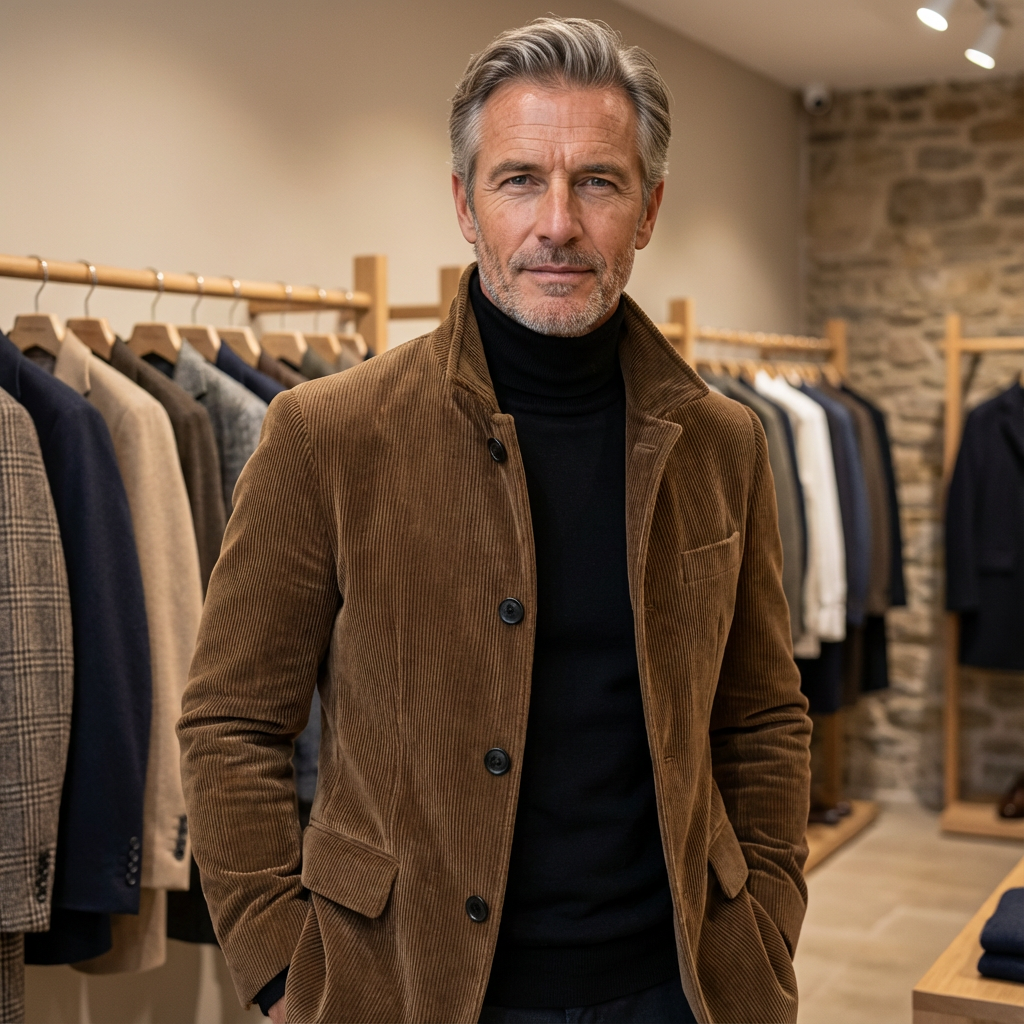 Tan corduroy jacket styled with black roll neck jumper in menswear store