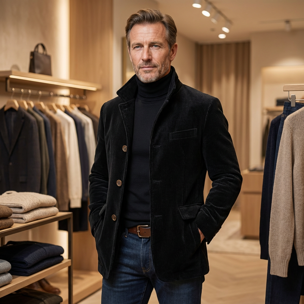Black corduroy jacket paired with dark jeans and roll neck jumper