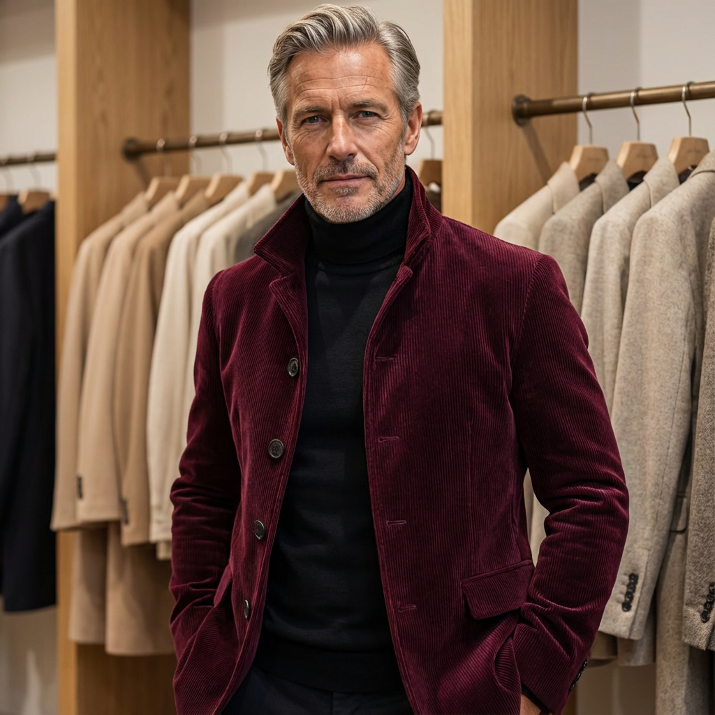 Burgundy corduroy jacket teamed with black turtleneck in clothing shop