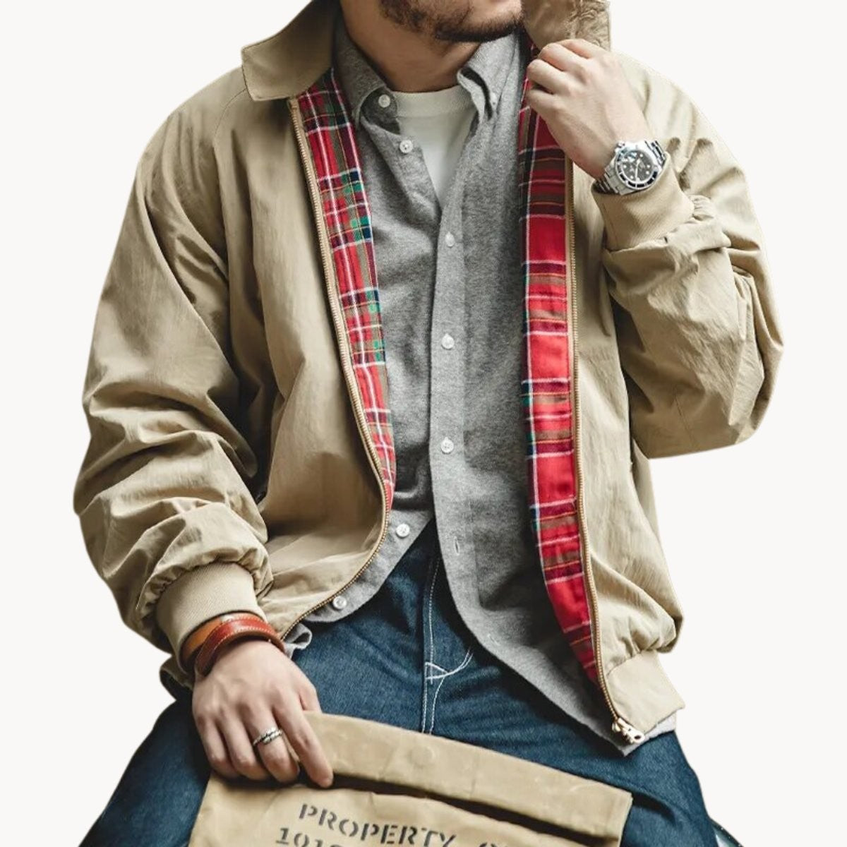 Man wearing beige Harrington jacket showing tartan-lined collar detail