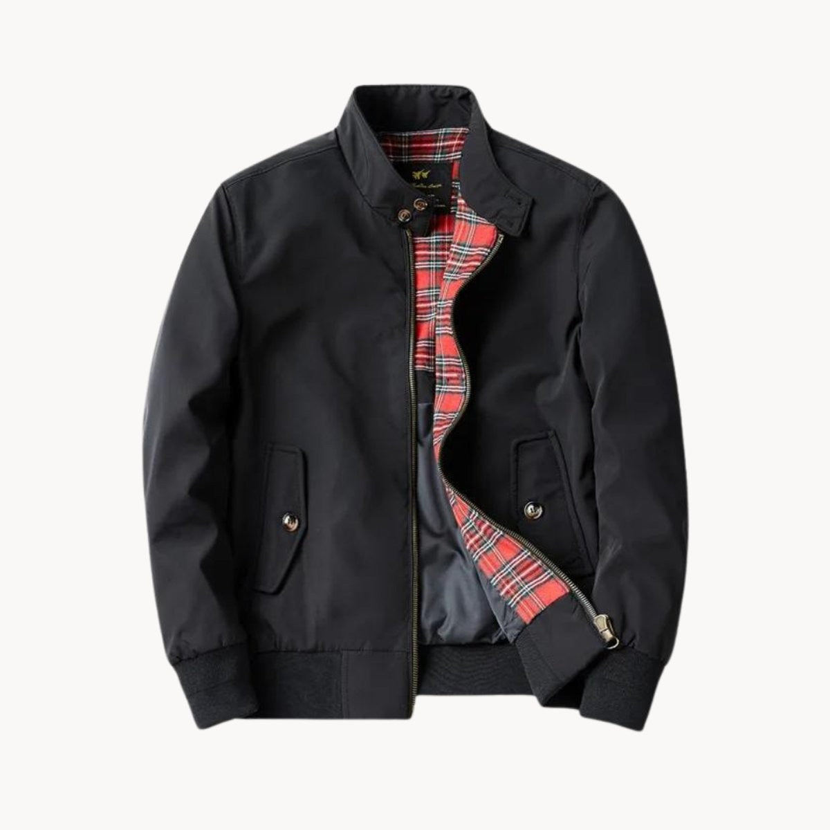 Black Harrington bomber jacket with red tartan lining unzipped