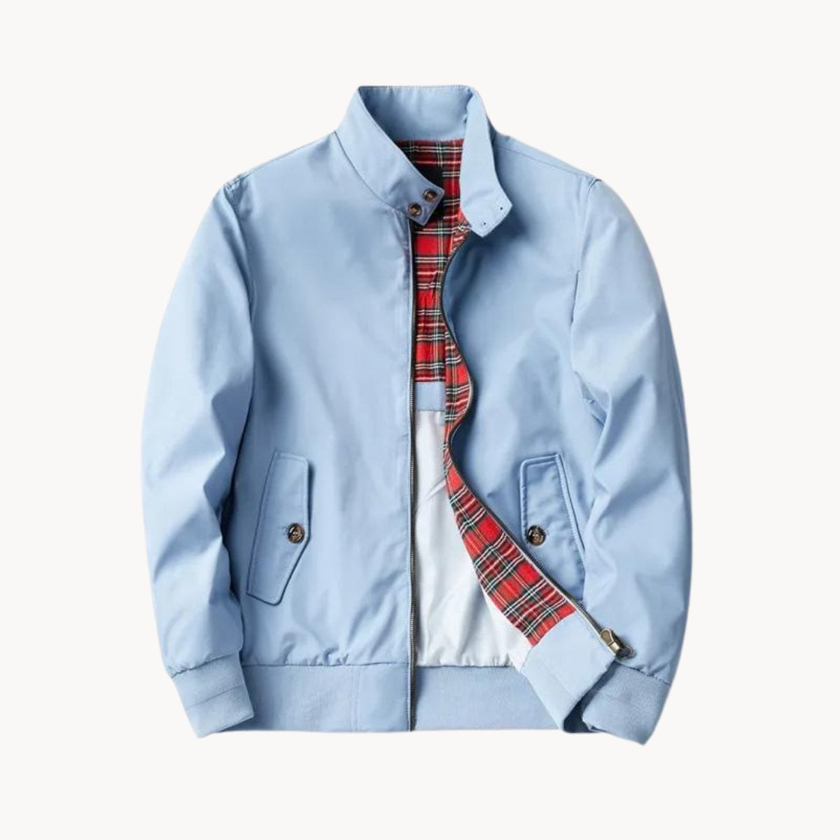 Pale blue Harrington bomber jacket with red tartan lining detail