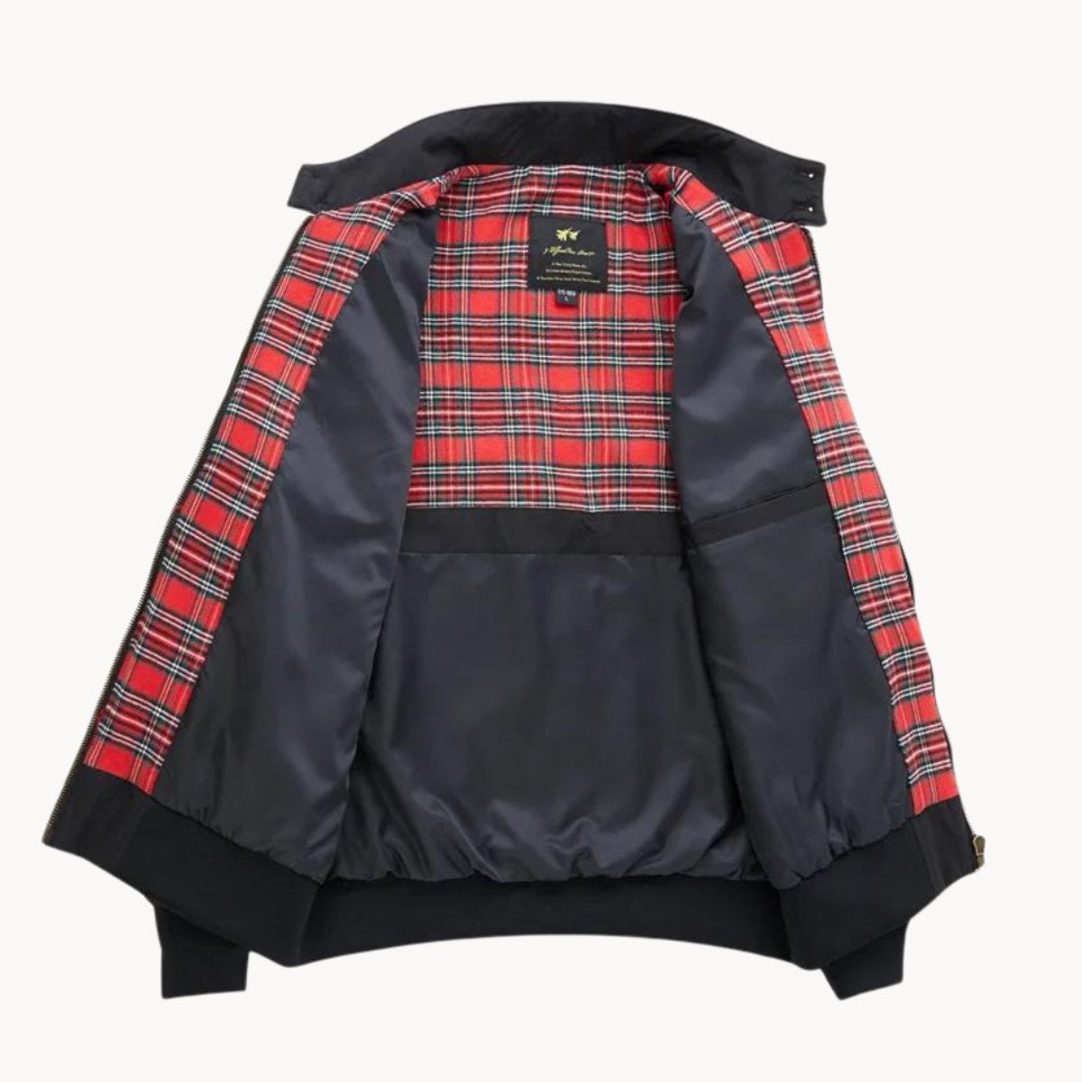 Black Harrington jacket interior revealing full red tartan lining
