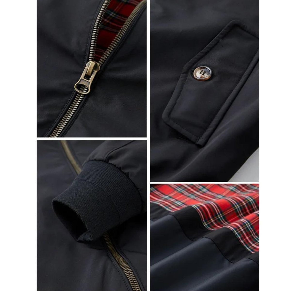 Detail collage of black Harrington jacket zip, cuff and pocket