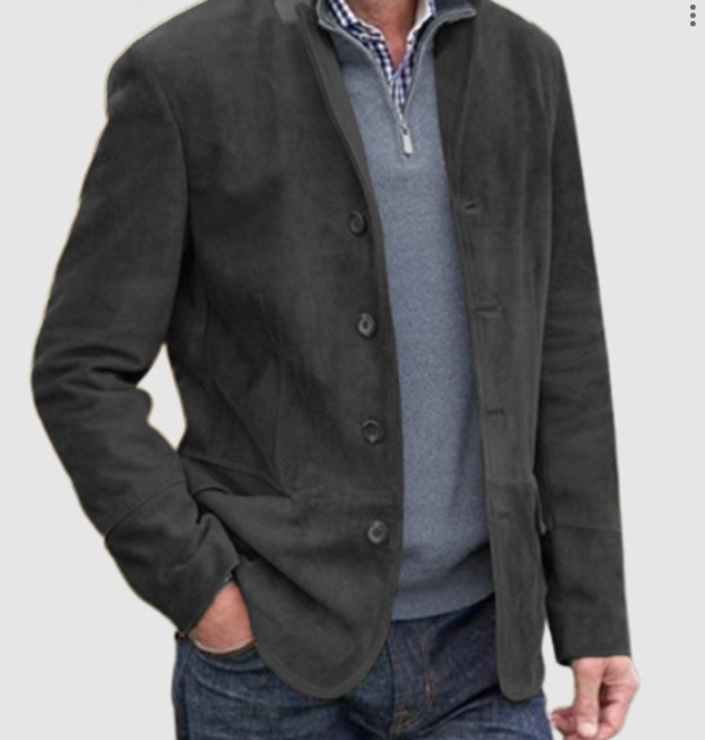 Charcoal grey suede-finish blazer jacket with stand collar and button-front fastening
