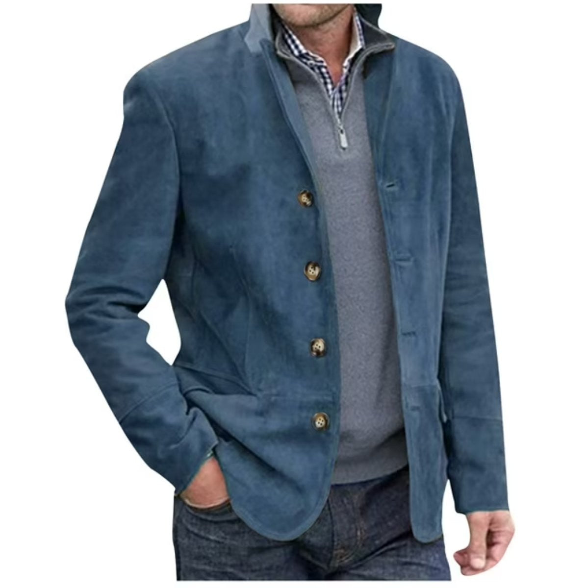 Slate blue suede-effect men's blazer jacket featuring a stand-up collar