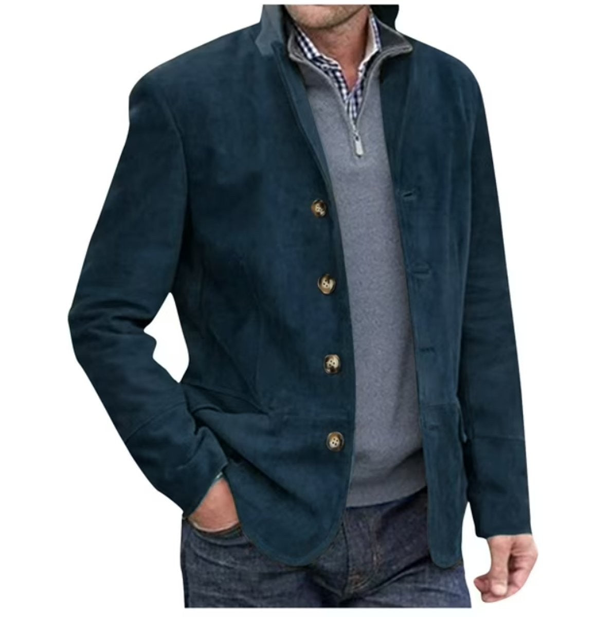 Teal suede-finish button-front blazer worn over a grey quarter-zip jumper