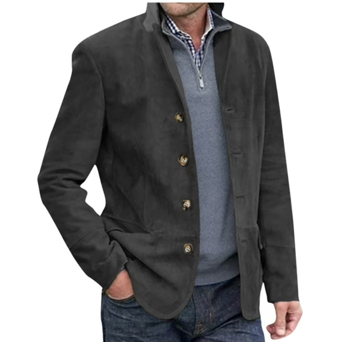 Dark grey suede-effect men's blazer jacket with four-button fastening