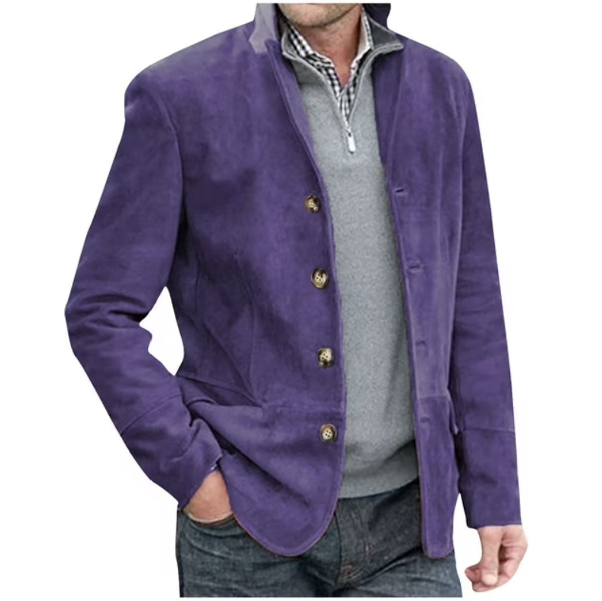 Purple suede-finish blazer jacket with stand collar and horn-style buttons