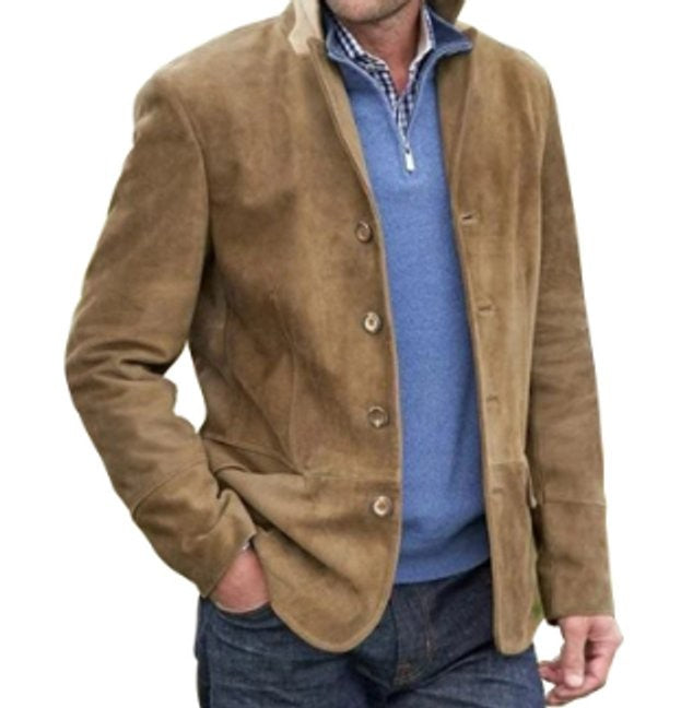 Tan suede-effect men's blazer jacket styled with a blue quarter-zip jumper