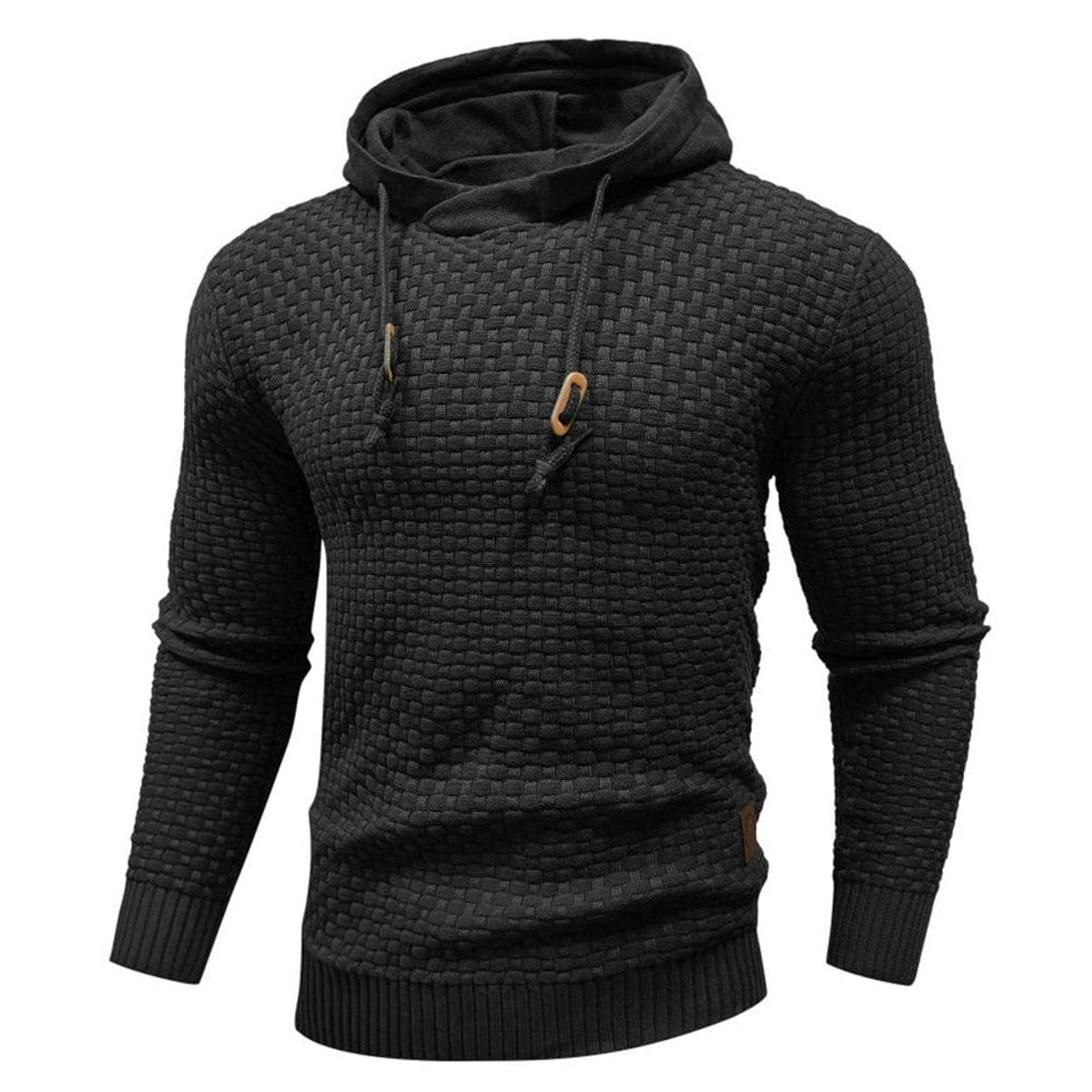 Black textured knit hoodie jumper with cowl neck and drawstring detail