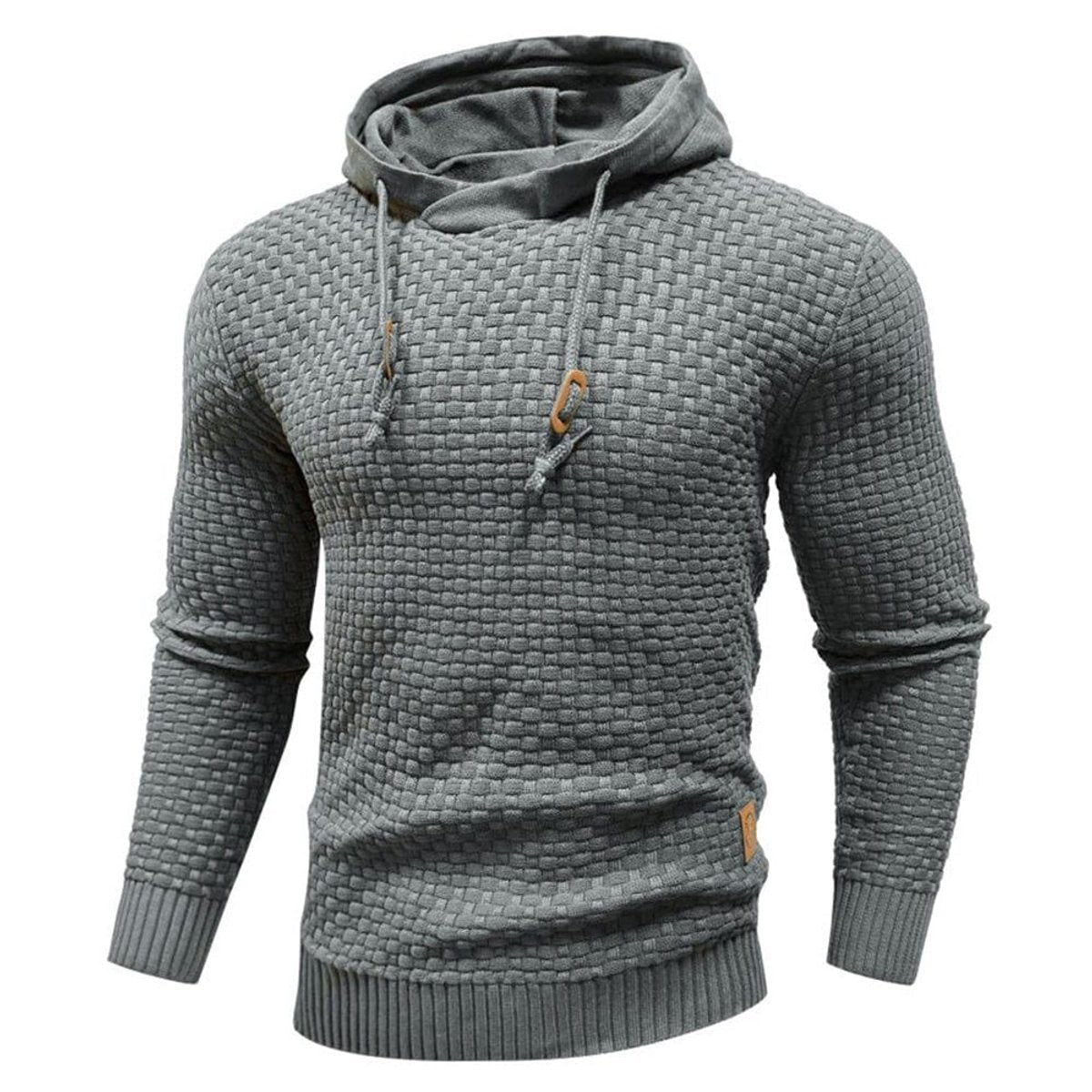 Grey ribbed waffle pullover hoodie featuring chunky knit texture