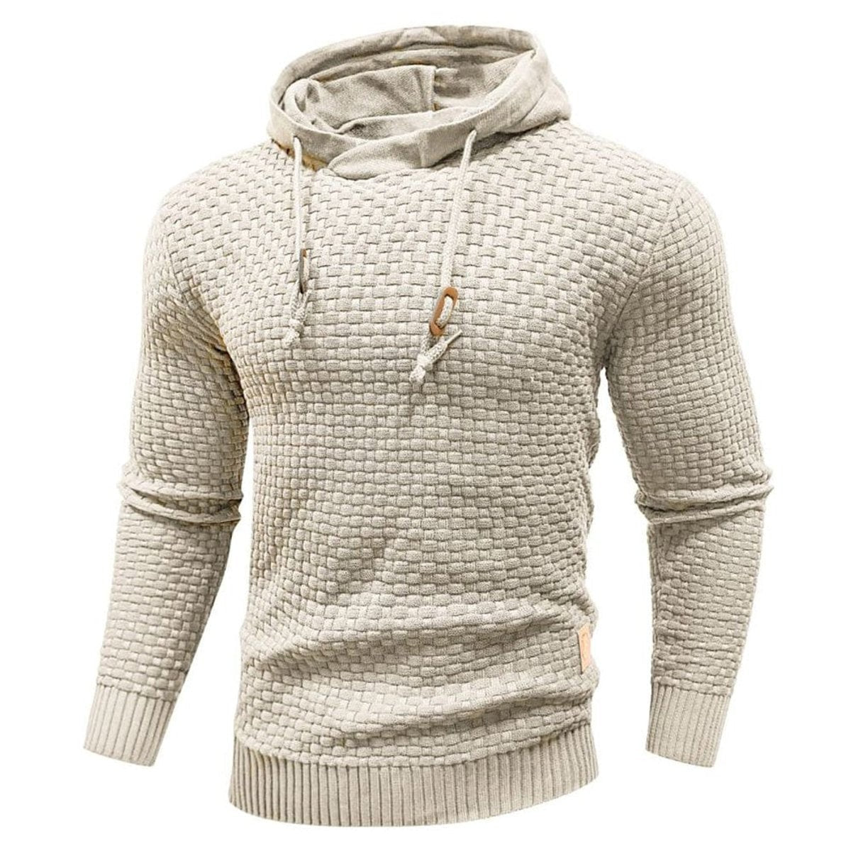 Beige knit hoodie jumper with cowl collar and drawstring toggles