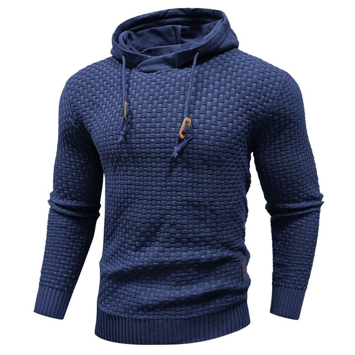 Navy textured pullover hoodie with ribbed cuffs and waffle knit