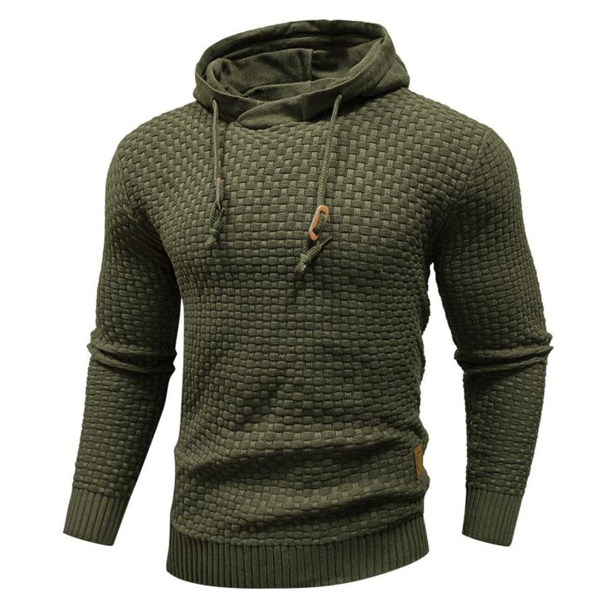 Khaki green knit hoodie jumper showing basketweave texture and cowl neck