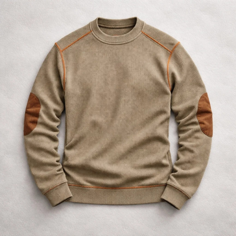 Beige textured jumper with tan suede elbow patches and ribbed trims