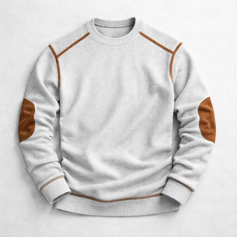Off-white textured pullover with tan elbow patches and contrast raglan stitching