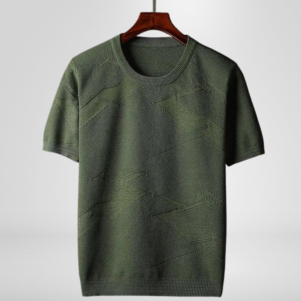 Olive green textured knit jumper with short sleeves and crew neckline
