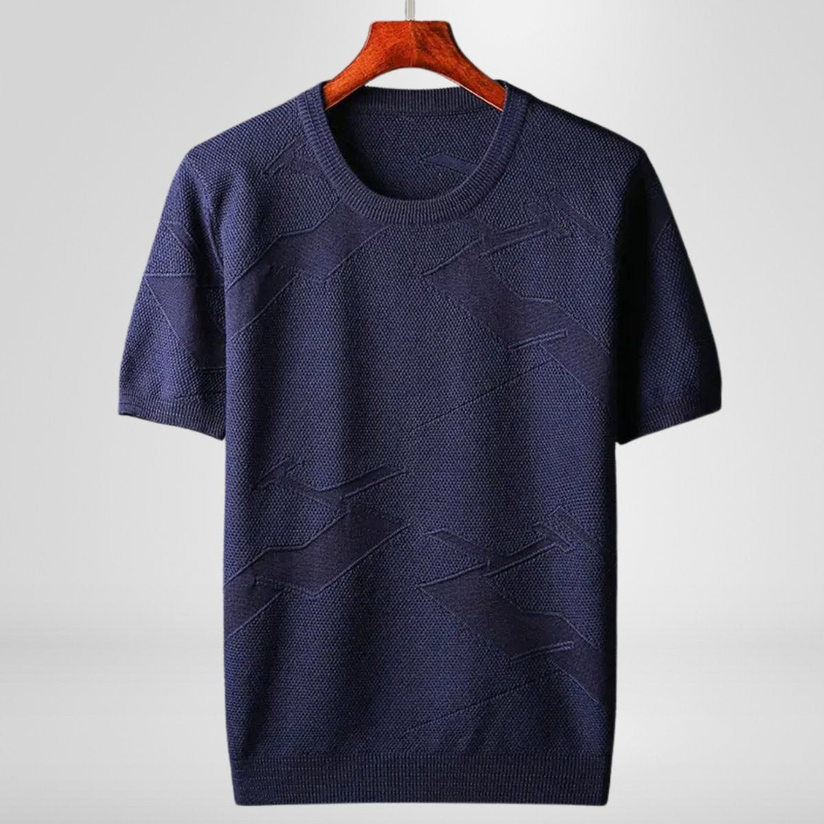 Navy short-sleeve knitted jumper with subtle textured pattern