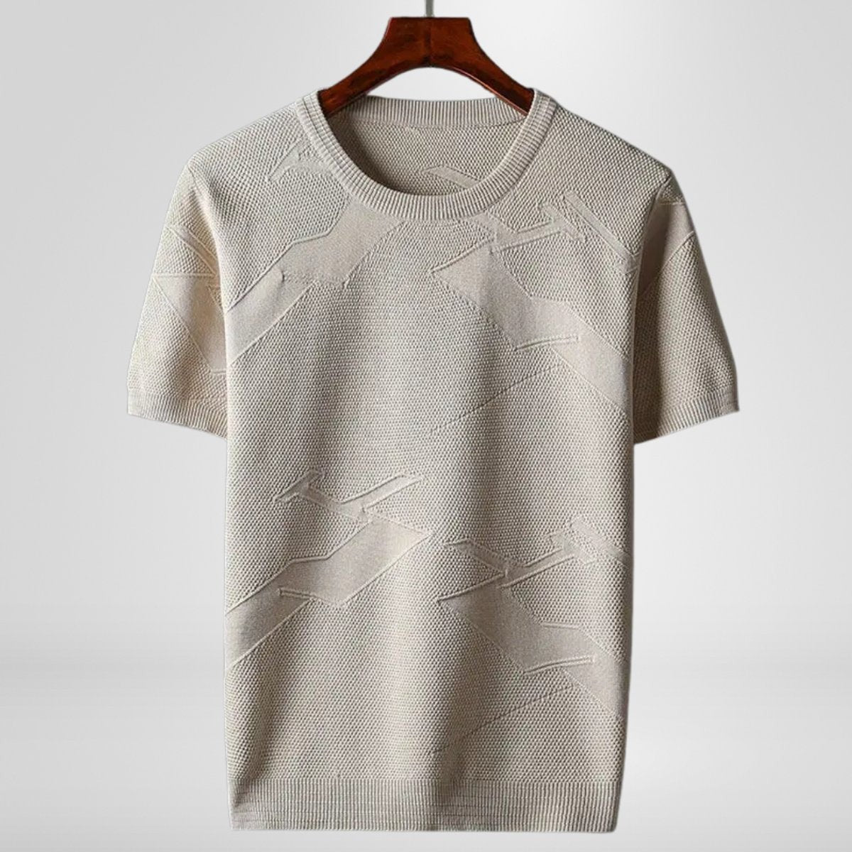Stone beige textured crewneck jumper with short sleeves on hanger