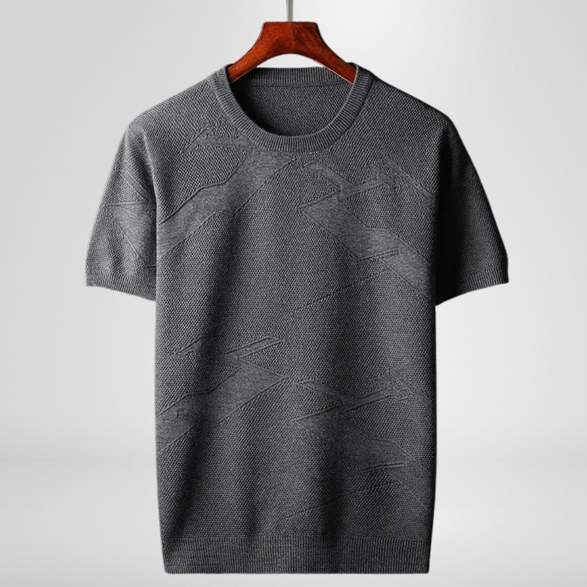 Charcoal grey knitted crewneck jumper with textured short sleeve design