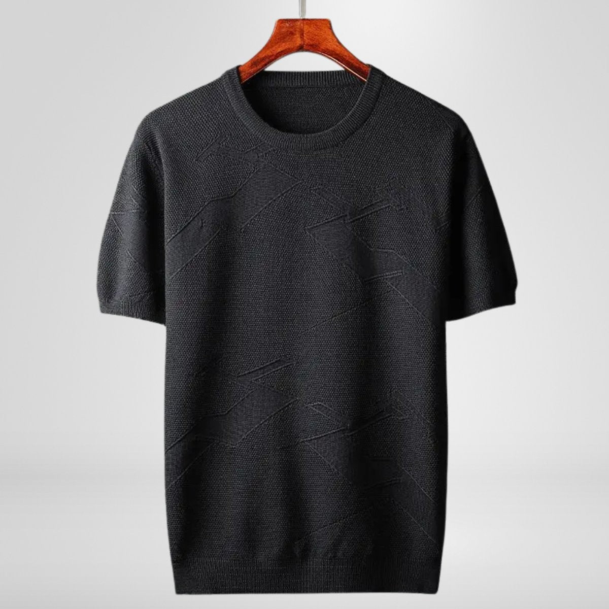 Black textured cotton blend jumper with short sleeves and ribbed neckline